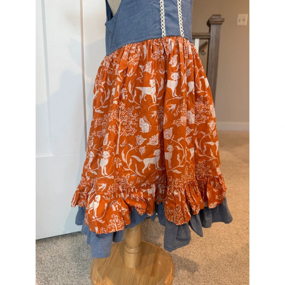 Eleanor Rose Girls Meredith Woodland Fox Orange Blue Chambray Dress Size 5-6